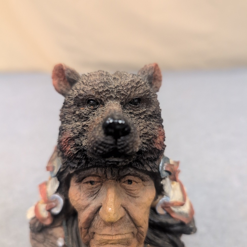 Native American Chief Bust Bear Headdress Feather Necklace Figurine Statue - Picture 2 of 8